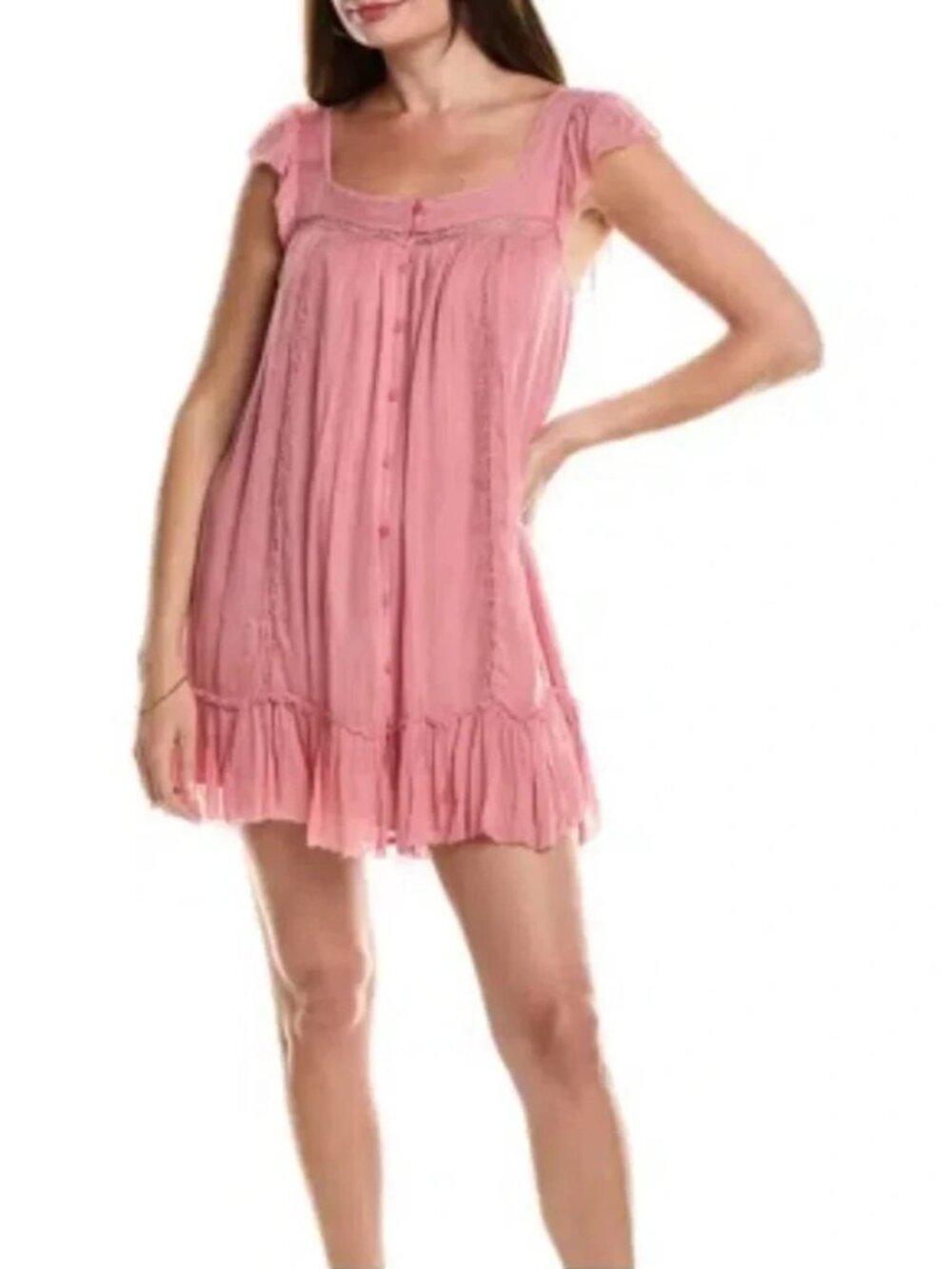 Free People Olivia Dress Pink Square Neck Flutter Sleeve Lace XS